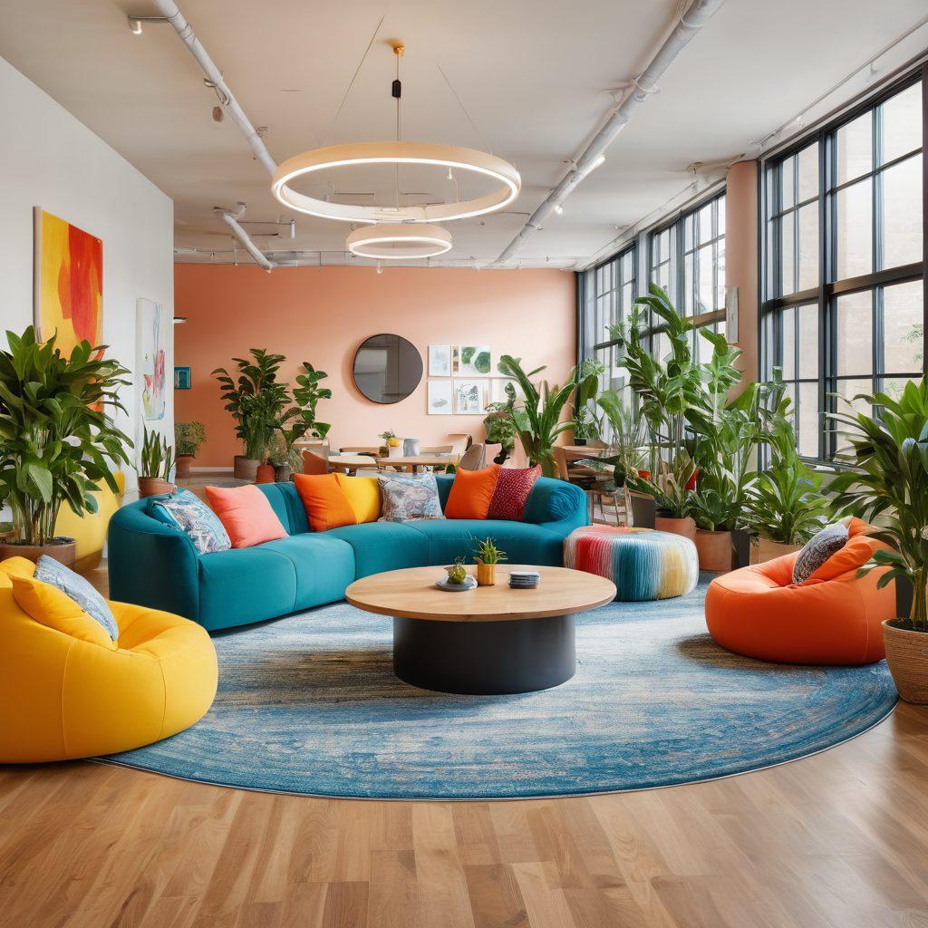 A thriving workplace scene showcasing employees joyfully collaborating in a colorful, open office environment filled with plants and natural light. Incorporate elements of teamwork, creativity, and inclusivity, such as a diverse group brainstorming around a circular table with inspiring art on the walls. Add touches of comfort like bean bags and a coffee station to emphasize the sanctuary vibe. super-realistic. vibrant colors. cozy atmosphere.
