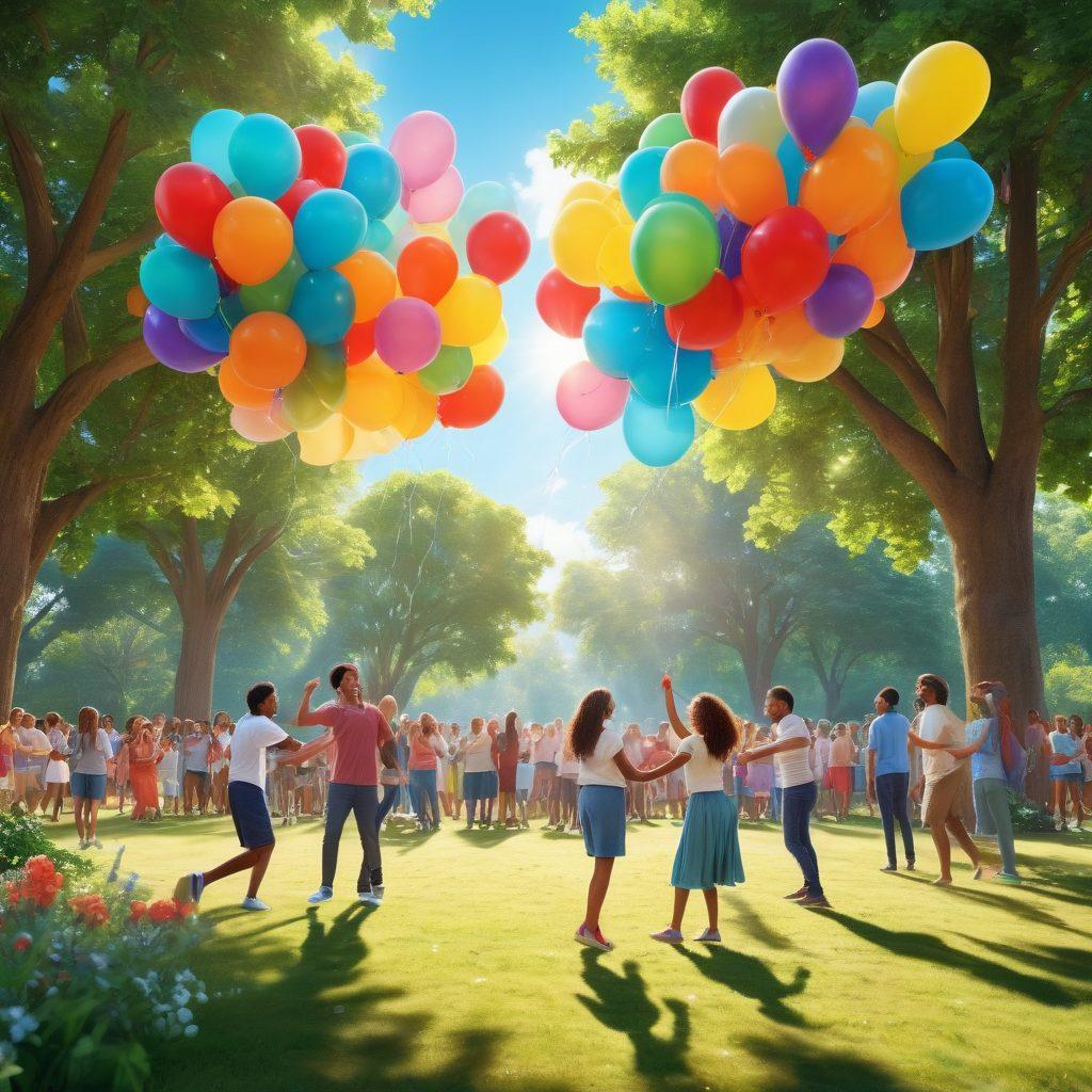 A vibrant community gathering in a sunlit park, showcasing diverse individuals joyfully interacting - some engaged in dance, others sharing food, and kids playing. Colorful balloons and decorations surround them, symbolizing happiness and connection. A backdrop of lush greenery and blue skies enhances the uplifting atmosphere. super-realistic. vibrant colors. 3D.