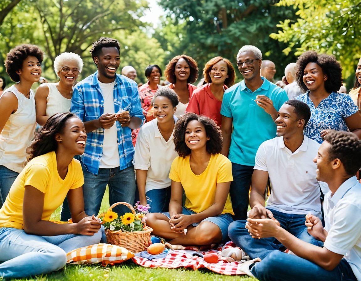 A vibrant gathering of diverse individuals smiling and interacting joyfully in a sunny park, surrounded by colorful flowers and butterflies. Emphasize the warmth and positivity of their expressions, showcasing a sense of community and togetherness. Include elements like picnic blankets, laughter, and playful activities like frisbee or group games. super-realistic. vibrant colors. sunny atmosphere.